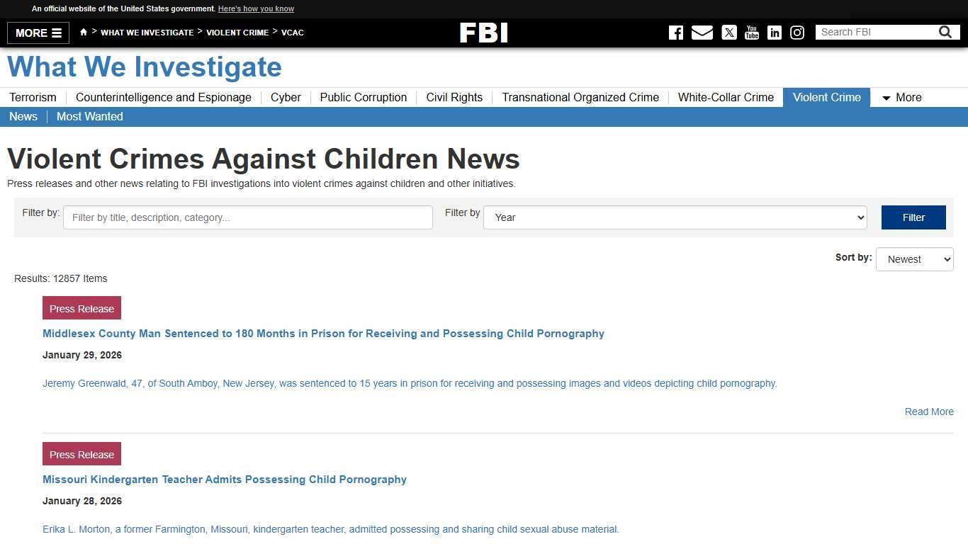Violent Crimes Against Children News — FBI